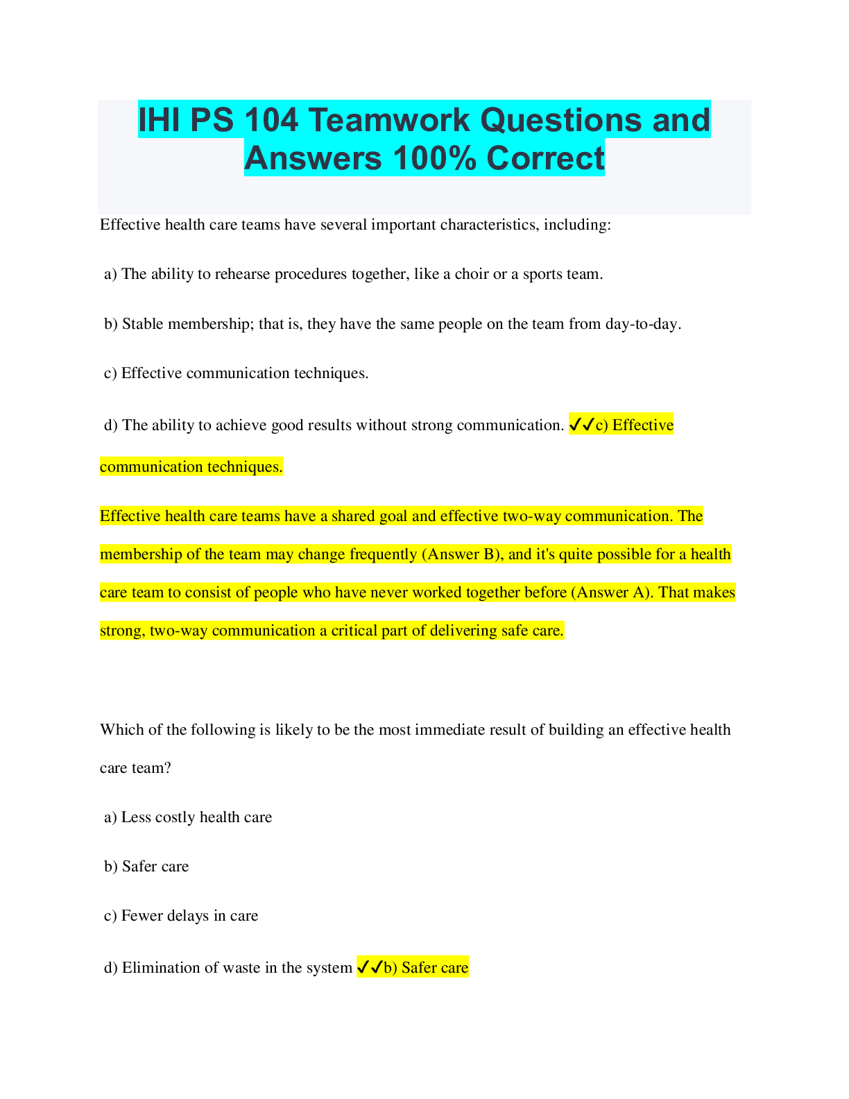 Preview of IHI PS 104 Teamwork Questions and Answers 100% Correct